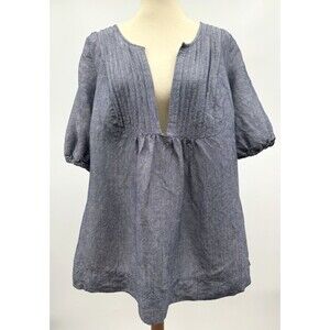 Lane Bryant Linen Blend Blue Short Sleeve Top 14/16 Pintuck V-neck Coastal Tunic
